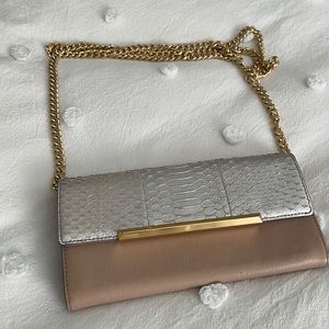 Brian Atwood tan/silver clutch/crossbody purse